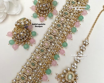 Gorgeous Kundan Choker Set/ Indian Jewelry/unique Kundan choker set/Indian jewelry set/Bridal jewelry/pink mint