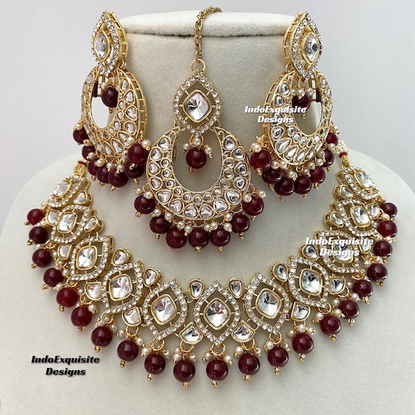 Kundan necklace/choker Set/Indian jewelry/Kundan Polki Necklace/High quality jewelry/Bollywood style necklace set/maroon