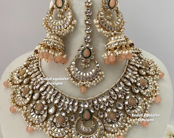 Ensemble de colliers Kundan pêche de haute qualité/Bijoux indiens/Collier Kundan Polki/Bijoux de haute qualité/Ensemble de colliers de style Bollywood