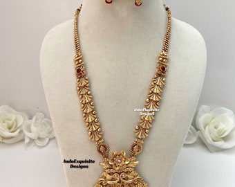 Matt gold Finish polki kundan long necklace with earrings /Indian Jewelry/matt finish temple jewellery/South Indian/Rajwadi Necklace