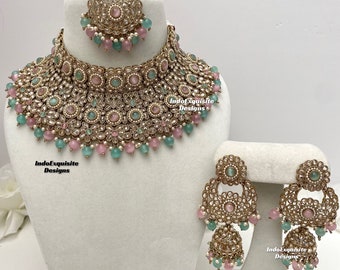 Conjunto de collar nupcial Polki de oro antiguo/conjunto nupcial indio/ joyería Kundan y Polki de alta calidad/collar elegante gargantilla adjunta/menta rosa