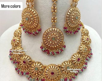 22k Placcato Oro Collana Set Indiano Orecchini Catena - Foto 4