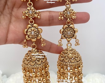 Premium Quality Gold plated Jhumki statement Earrings with attached saharey/ Kann chain/ Real gold look Jhumki