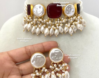 Bollywood-stil pärlemor statement choker set/elegant MOP choker set/sabyasachi-inspirerat choker set