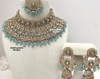 Ensemble de collier de mariée polki en or antique/ensemble de mariée indienne/bijoux kundan et polki de haute qualité/collier élégant tour de cou attaché