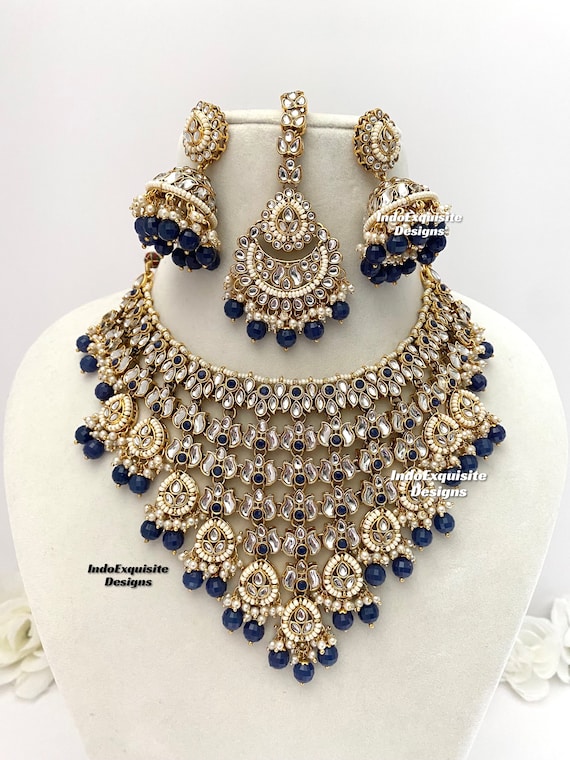 I Jewels 18K Gold Plated Indian Wedding Necklace Set - Kundan & Pearl Bollywood Bridal Jewelry In Blue - View #6