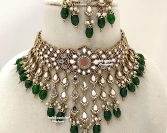 Elegant Antique gold base mirror Choker Set/Indian Jewelry/High quality mirror kundan jewelry/unique waterfall choker set