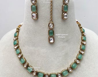 Antique Gold Moissanite Kundan necklace Set/Indian Jewelry/Polki Jewelry/Bollywood Jewelry