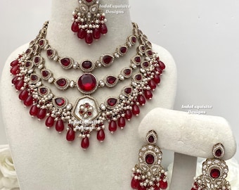 Sabyasachi inspired Premium quality Kundan triple layer statement Necklace Set with elegant earrings and tikka/ Bollywood style jewelry