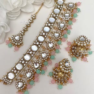 Gorgeous Kundan Choker Set/ Indian Jewelry/unique Kundan choker set/Indian jewelry set/Bridal jewelry/pink mint