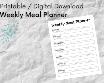 Planificador de comidas semanal imprimible. Rastreador de alimentos de descarga digital. Diseño simple. Sin fecha. Complete casillas para cada comida de la semana. PDF de una página