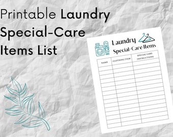 Lista de artículos de cuidado especial para lavandería. PDF imprimible. Lavar a mano, limpiar en seco y colgar ropa seca. Letrero de lavandería para pared.