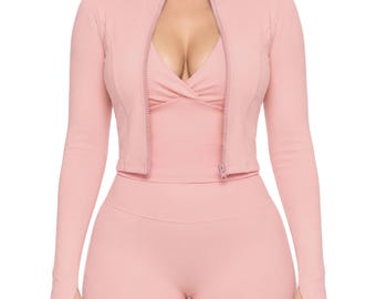 Chaqueta corta con cremallera Bakasa Martin para mujer, color negro, ajustada, con cuello alto, de punto, ideal para actividades deportivas.