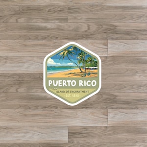 May include: A green and white hexagonal sticker with a beach scene and palm trees. The sticker says "Puerto Rico, The Island of Enchantment - Est. 1898 -"