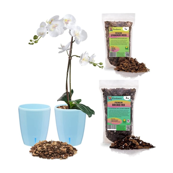 Gardenera Premium Orchid Growing Kit- Macetas absorbentes de orquídeas con autorriego con indicador de nivel de agua + mezcla de tierra para orquídeas + musgo Sphagnum