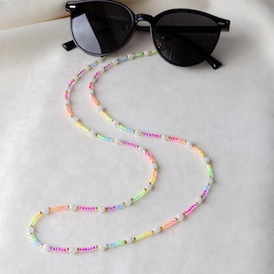 Neon Rainbow and Moonstone Eyeglass Chain - UV Rainbow Beaded Eyeglass Chain, Long Necklace, Convertible Chain.