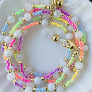 Handmade Glasses Chain with Neon Rainbow Seed Beads and Moonstones, UV Rainbow Beaded Glasses Chain