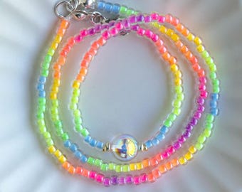 Rainbow Necklace - Handmade Seed Bead Choker with Crystal Ball, UV Reactive, Colorful Jewelry for Festival Season