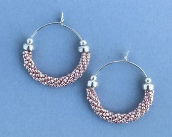 Beaded Rose Gold and Silver Hoop Earrings