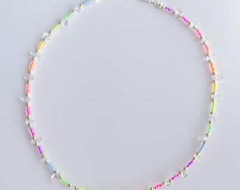 Rainbow Necklace, UV Reactive Glass Seed Beads & Crystal Quartz - Silver
