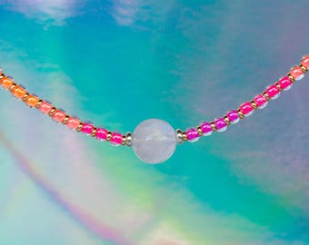 Pink and Gold Seed Bead Necklace with Moonstone, UV Reactive Jewelry