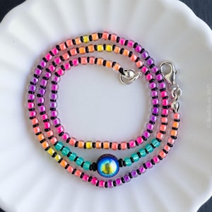 Neon & Teal Choker Necklace - UV Neon and Black Beaded Necklace Handmade Jewelry Gift, Perfect for Summer