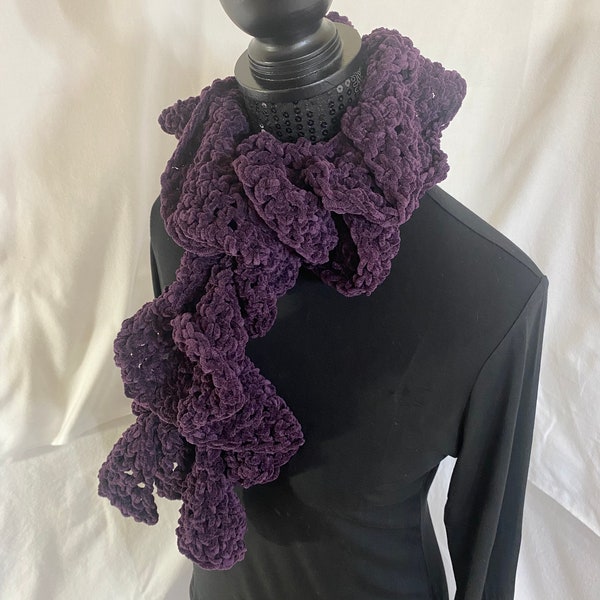 Eggplant Handmade Scarf, Ruffled Curly Scarf, Handmade Scarf, Handmade Scarf Winter, Knitted Handmade Scarf, Unisex Scarf, Polyester Scarf