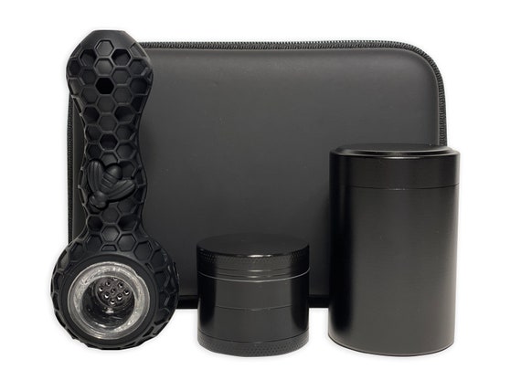 pipe tobacco grinder Smoking Bowl Kit | 4 Piece Metal Grinder | Pipe Grinder Set | Stash Box |  Tobacco Accessory | Starter Set | Adult Birthday Gift