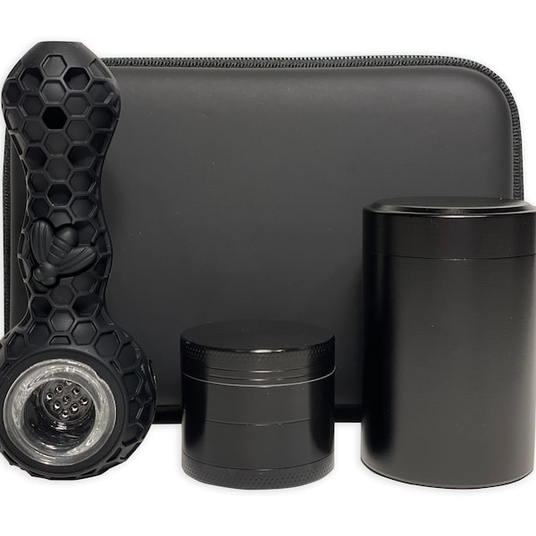 Smoking bowl Kit | 4 Piece Metal Grinder | Pipe Grinder Set | Stash Box | Tobacco Accessory | Starter Set | Adult Birthday gift