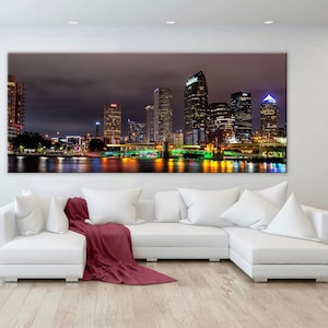 Tampa Florida Skyline Panorama, Colorful Panoramic Cityscape, Landscape Art, Tampa Bay Decor, Large Canvas, Metal Artwork, Sunshine State image 1