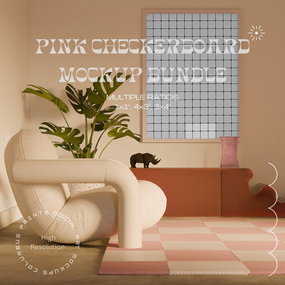 Retro Pink Checkerboard Rug Mockup Bundle, Digital Print Frame Mock Up ...