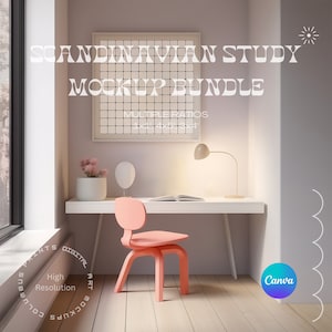 3 CANVA Scandinavian Study Room Print Frame Mockup Bundle, High Resolution Frame Mock up, Canva Poster Mockups, Interior Design Mockups