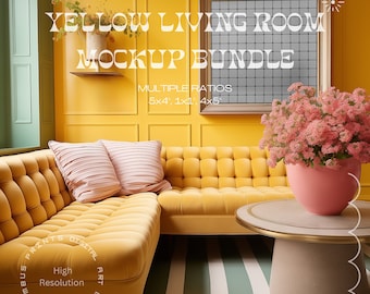High Definition Yellow Living Room Aesthetic Frame Mock Up Bundle, Bright Colourful Photo Frame Mockups, Interior Stock Photos PSD Template