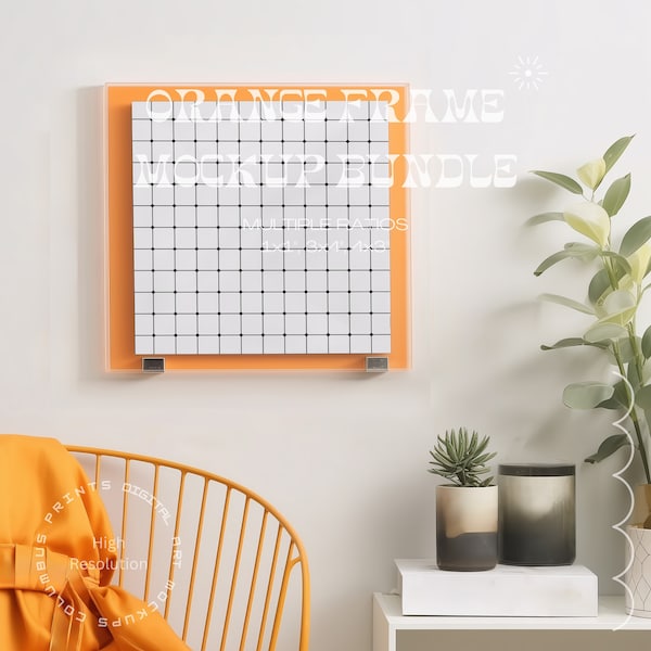 3 Orange Frame Mockup Bundle, Digital Art Mockup, Unique Poster Mock up, Wall Art Mockup with Plastic Frame, Aesthetic Interior Design