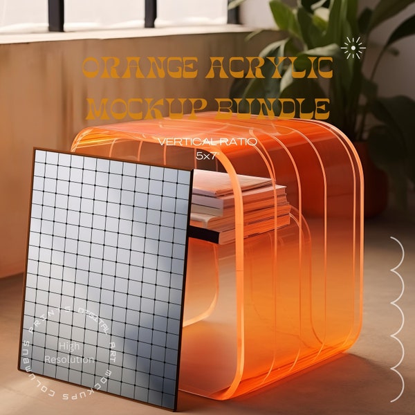 Einzigartiger orangefarbener Acryl-Beistelltisch-vertikaler Rahmen Photoshop-Mockup, Innenkunstwerk-Mockup, Rahmenfarbe ändern, ästhetische PSD-Rahmenkunst