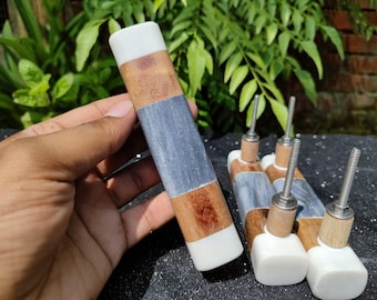 Set of Elegant White Marble, Grey Marble Acacia Wood Drawer Pulls, Cabinets, Dresser, Pulls and Handles | Marble Door Knobs Or Door Handle