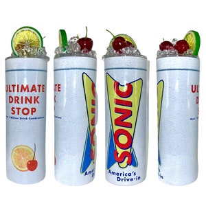Cherry Limeade Sonic tumbler with 3D lid with cherries, ice and lime