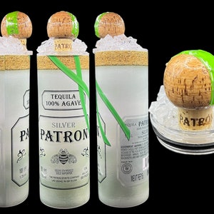 Patron Silver Tequila tumbler with 3D lid, 20oz stainless steel skinny tumbler with faux ice and authentic Patron cork.