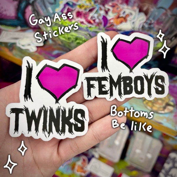 I Heart Twinks, I Love Femboys Metal Font Funny Gay Pride Vinyl Sticker|Funny Gay Gift Bottom Gay Meme Holographic Sticker| 3’’ Pride Love