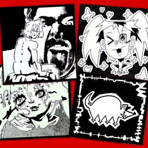 以下が含まれることがあります： 異なる漫画のイラストが描かれた、白黒のステッカー4枚。最初のステッカーには、舌を出した男性と、長いポニーテールをした女性が描かれている。2枚目のステッカーには、ツインテールとハート型の口をした漫画のキャラクターが描かれている。3枚目のステッカーには、驚いた表情をした漫画のキャラクターが描かれている。4枚目のステッカーには、長い鼻をした漫画の動物が描かれている。