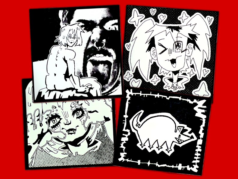以下が含まれることがあります： 異なる漫画のイラストが描かれた、白黒のステッカー4枚。最初のステッカーには、舌を出した男性と、長いポニーテールをした女性が描かれている。2枚目のステッカーには、ツインテールとハート型の口をした漫画のキャラクターが描かれている。3枚目のステッカーには、驚いた表情をした漫画のキャラクターが描かれている。4枚目のステッカーには、長い鼻をした漫画の動物が描かれている。