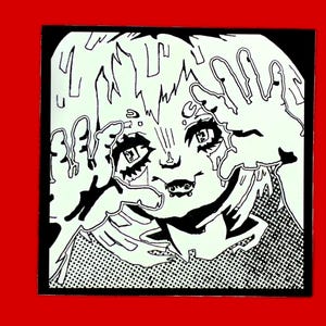 以下が含まれることがあります： 顔に手を当てている人の白黒のイラスト。人物は大きな目をしており、スタイリッシュで誇張された表情をしています。背景は白黒のパターンです。