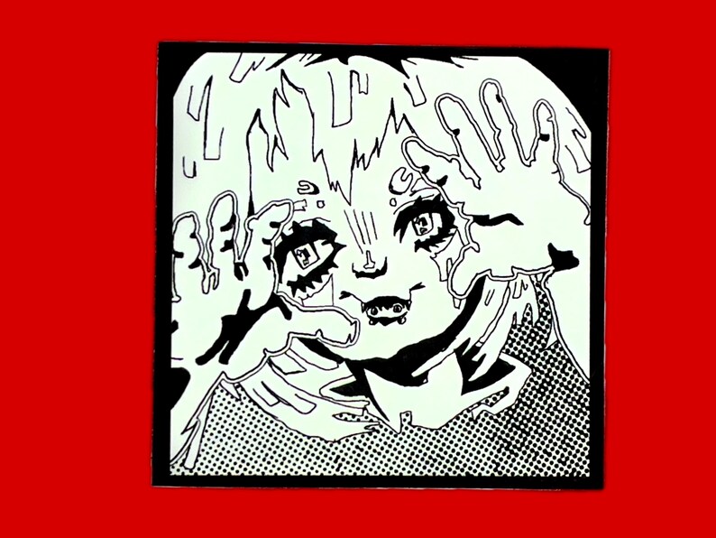 以下が含まれることがあります： 顔に手を当てている人の白黒のイラスト。人物は大きな目をしており、スタイリッシュで誇張された表情をしています。背景は白黒のパターンです。