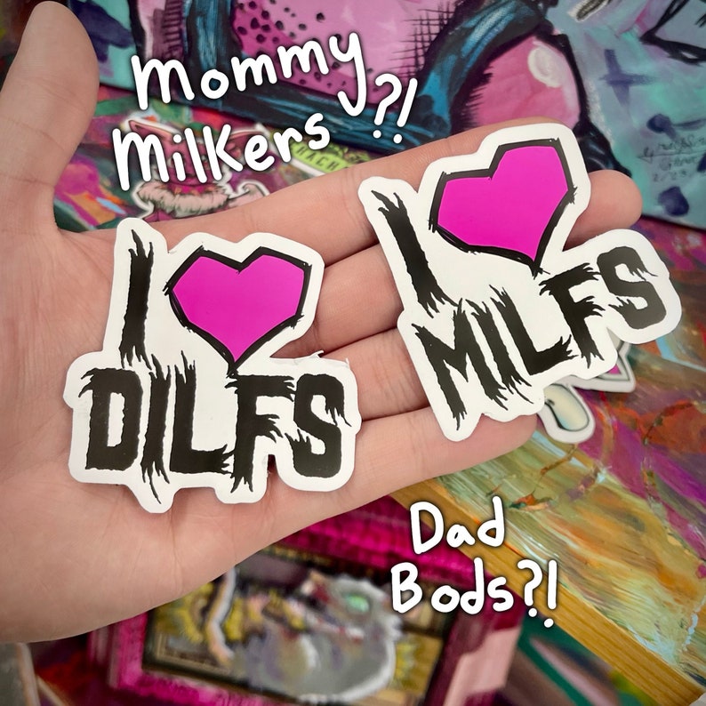 I Heart Dilfs, I Love MILFs 3” Vinyl Sticker| Bisexual Sticker pack| Gay DILF Love Holographic Sticker| Funny LGBTQ Vinyl Sticker Set| Metal 