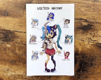 以下が含まれることがあります： 「MOETRON ANATOMY」と題されたプリントには、複数の髪色と赤いスカートを持つ、中心的なアニメスタイルのキャラクターが描かれています。キャラクターの周りには、「Gretel」や「Izumi Kikita」などの名前が付けられた小さなアニメのフィギュアがあります。