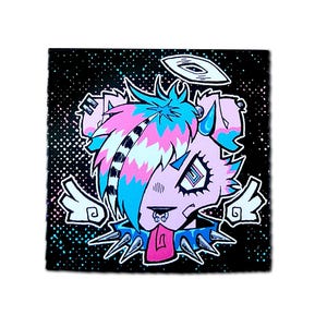 May include: A pink and blue cartoon character with a halo, wings, and a spiked collar. The character has blue and pink hair, a pink tongue sticking out, and a black background with white dots.