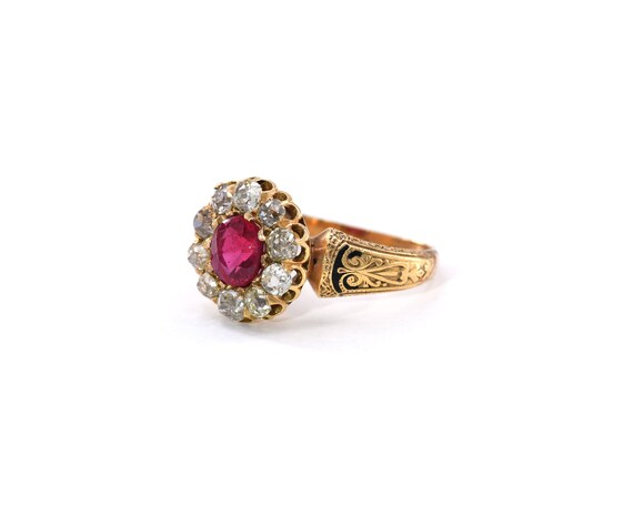 Antique Yellow Gold, Enamel, Ruby, and Diamond Ri… - image 3