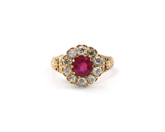 Antique Yellow Gold, Enamel, Ruby, and Diamond Ri… - image 2