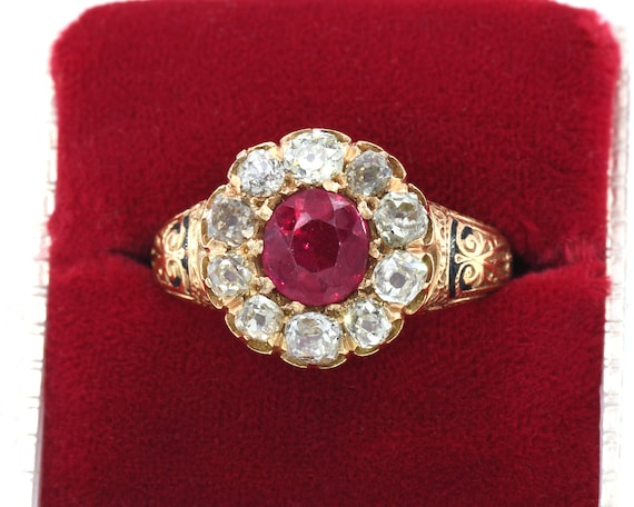 Antique Yellow Gold, Enamel, Ruby, and Diamond Ri… - image 1