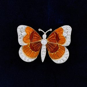 Signed Hammerman Brothers Vintage 18K Yellow Gold & Platinum Butterfly Enamel Pin